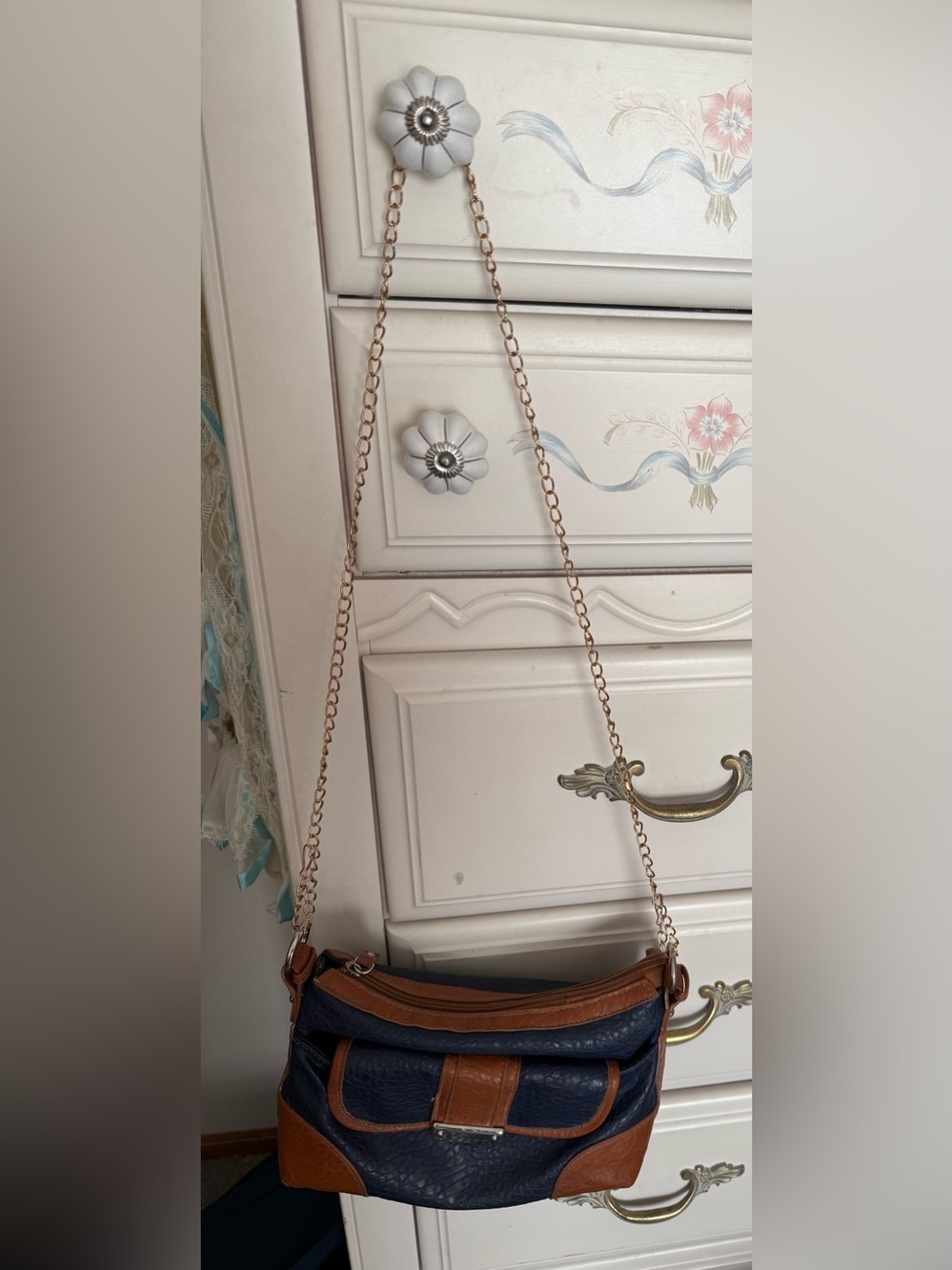 Navy and Brown Leather-Trim Crossbody Bag